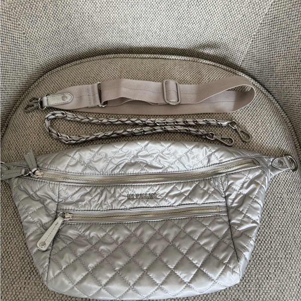 MZ Wallace Silver Quilted Crosby Crossbody Sling Bag